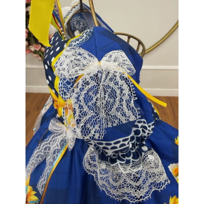 Vestido Infantil Junino Caipira Festas Azul Colorido Florido