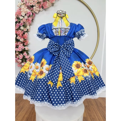 Vestido Infantil Junino Caipira Festas Azul Colorido Florido