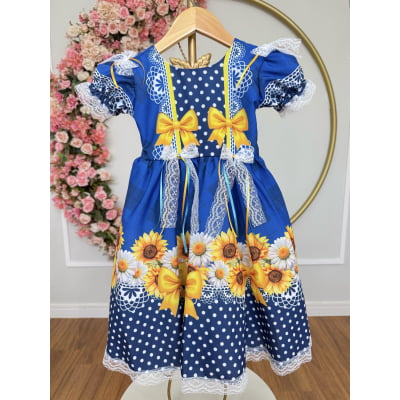 Vestido Infantil Junino Caipira Festas Azul Colorido Florido