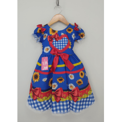Vestido Infantil Junino Caipira Festas Azul Colorido Girassol Vestido Infantil Junino Caipira Festas Azul Colorido Girassol