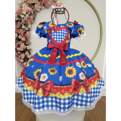 Vestido Infantil Junino Caipira Festas Azul Colorido Girassol