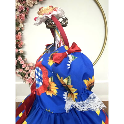 Vestido Infantil Junino Caipira Festas Azul Colorido Girassol