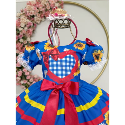 Vestido Infantil Junino Caipira Festas Azul Colorido Girassol
