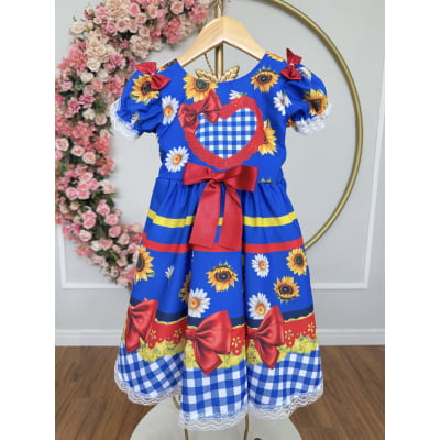 Vestido Infantil Junino Caipira Festas Azul Colorido Girassol