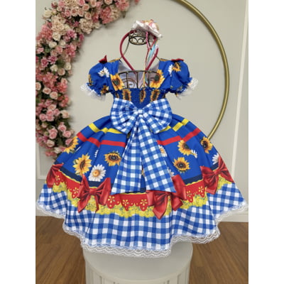 Vestido Infantil Junino Caipira Festas Azul Colorido Girassol