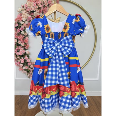 Vestido Infantil Junino Caipira Festas Azul Colorido Girassol
