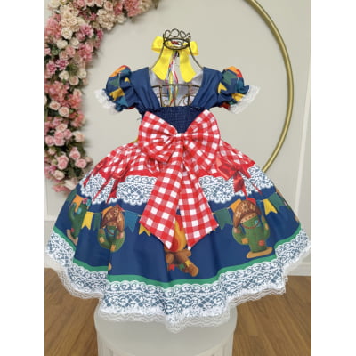 Vestido Infantil Junino Caipira São João Azul Xadrez Colorido