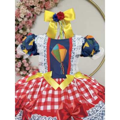 Vestido Infantil Junino Caipira São João Azul Xadrez Colorido
