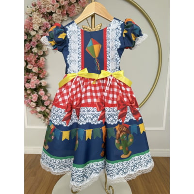 Vestido Infantil Junino Caipira São João Azul Xadrez Colorido