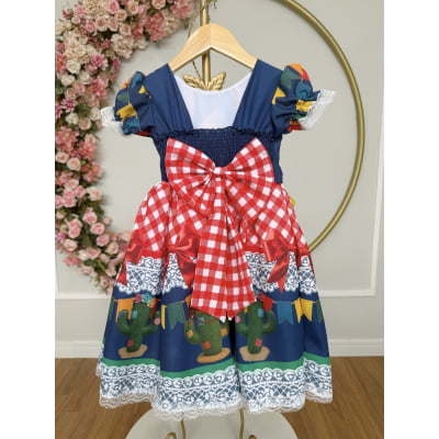 Vestido Infantil Junino Caipira São João Azul Xadrez Colorido