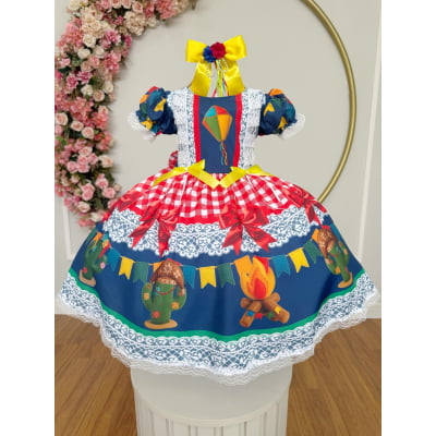 Vestido Infantil Junino Caipira São João Azul Xadrez Colorido