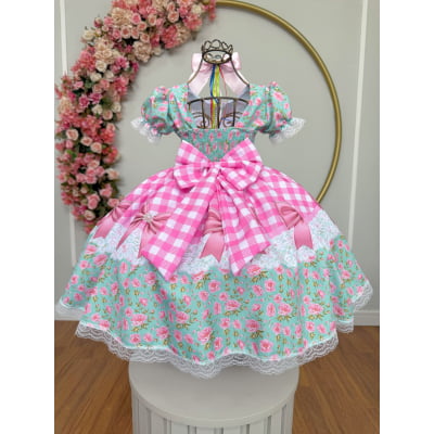 Vestido Infantil Junino Caipira Verde Florido Xadrez Luxo
