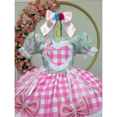 Vestido Infantil Junino Caipira Verde Florido Xadrez Luxo