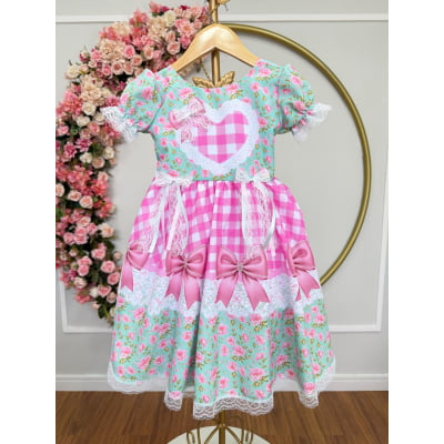 Vestido Infantil Junino Caipira Verde Florido Xadrez Luxo