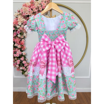 Vestido Infantil Junino Caipira Verde Florido Xadrez Luxo