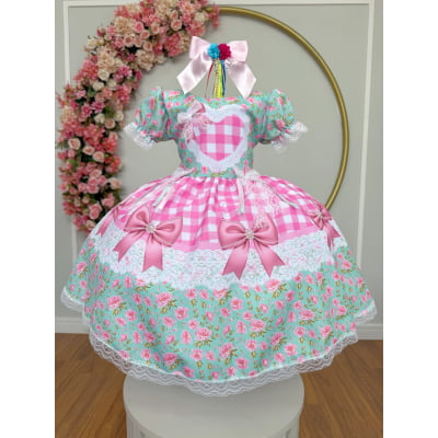 Vestido Infantil Junino Caipira Verde Florido Xadrez Luxo