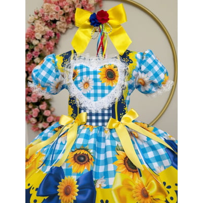 Vestido Infantil Junino Caipira Xadrez Azul Girassol Luxo