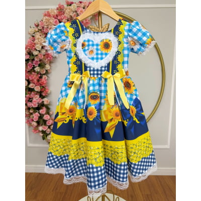 Vestido Infantil Junino Caipira Xadrez Azul Girassol Luxo