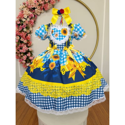 Vestido Infantil Junino Xadrez Caipira Azul Girassol Luxo