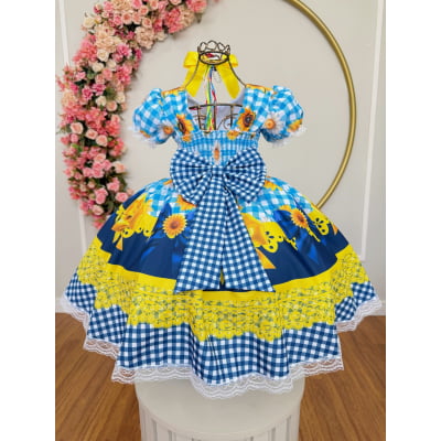 Vestido Infantil Junino Xadrez Caipira Azul Girassol Luxo