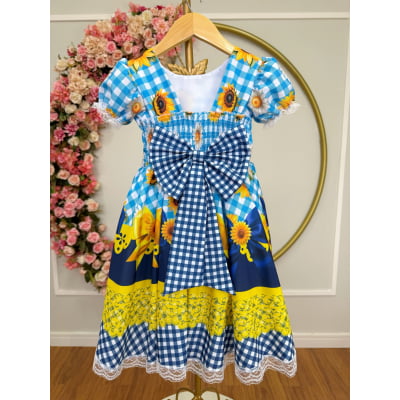 Vestido Infantil Junino Xadrez Caipira Azul Girassol Luxo