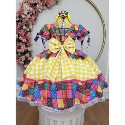 Vestido Infantil Junino Caipira Xadrez Colorido Coração Luxo