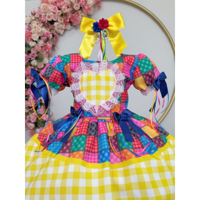 Vestido Infantil Junino Caipira Xadrez Colorido Coração Luxo