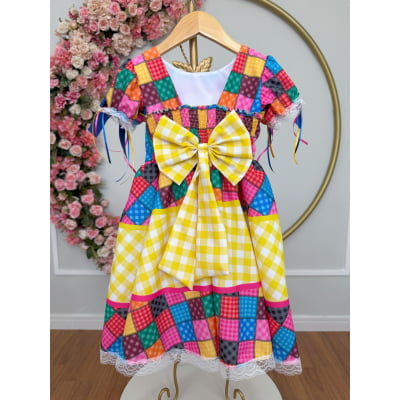 Vestido Infantil Junino Caipira Xadrez Colorido Coração Luxo