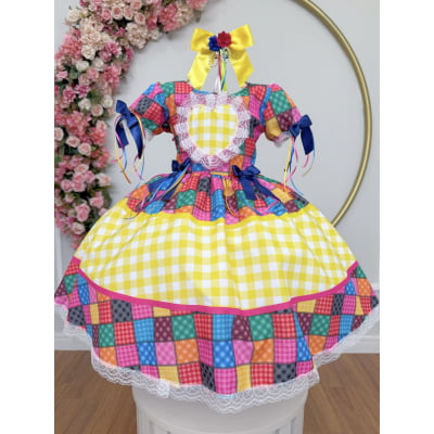 Vestido Infantil Junino Caipira Xadrez Colorido Coração Luxo