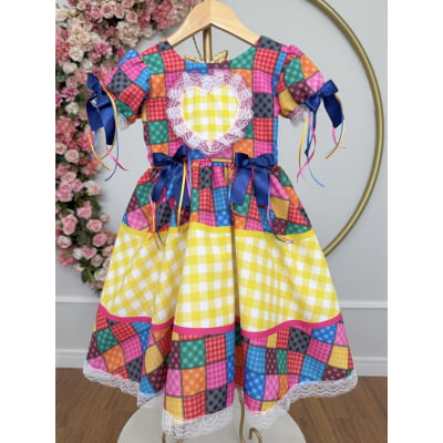 Vestido Infantil Junino Caipira Xadrez Colorido Coração Luxo