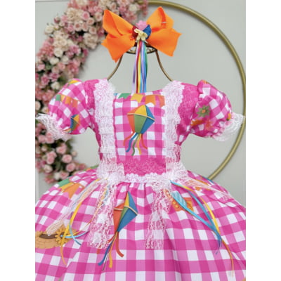 Vestido Infantil Junino Caipira Xadrez Rosa Chiclete Luxo
