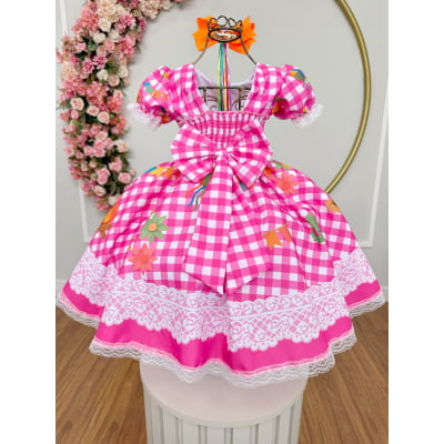 Vestido Infantil Junino Caipira Xadrez Rosa Chiclete Luxo