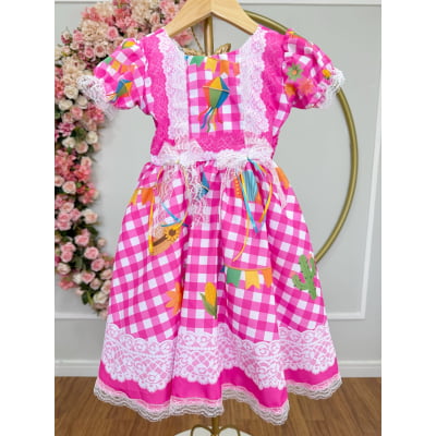 Vestido Infantil Junino Caipira Xadrez Rosa Chiclete Luxo
