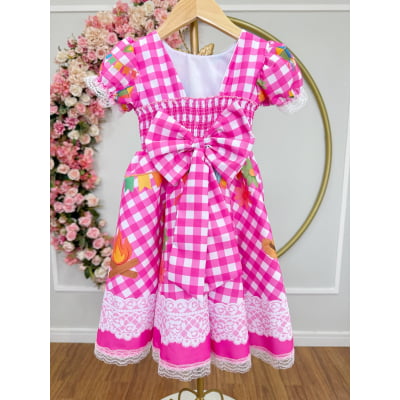 Vestido Infantil Junino Caipira Xadrez Rosa Chiclete Luxo