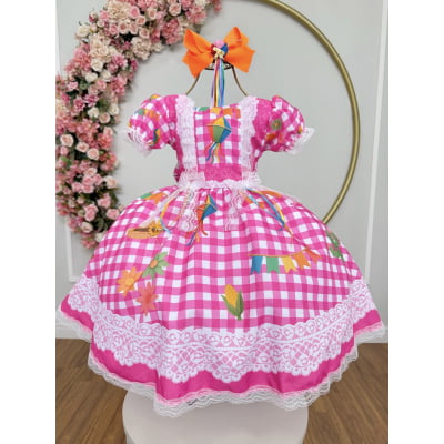 Vestido Infantil Junino Caipira Xadrez Rosa Chiclete Luxo