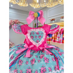 Vestido Infantil Junino Rosa Chiclete Colorido Luxo Festas
