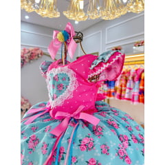 Vestido Infantil Junino Rosa Chiclete Colorido Luxo Festas