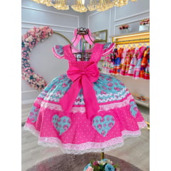 Vestido Infantil Junino Rosa Chiclete Colorido Luxo Festas
