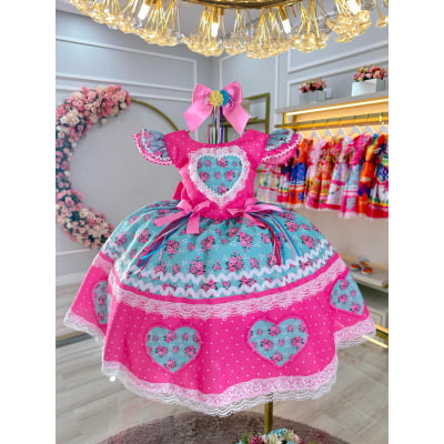 Vestido Infantil Junino Rosa Chiclete Colorido Luxo Festas