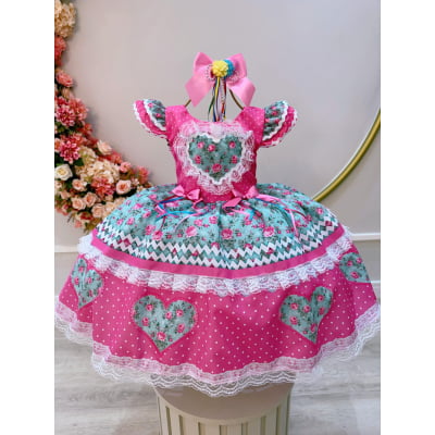Vestido Infantil Junino Rosa Chiclete Colorido Luxo Festas