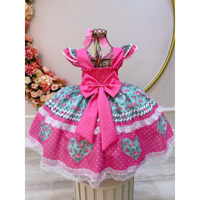 Vestido Infantil Junino Rosa Chiclete Colorido Luxo Festas