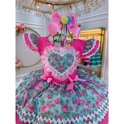 Vestido Infantil Junino Rosa Chiclete Colorido Luxo Festas