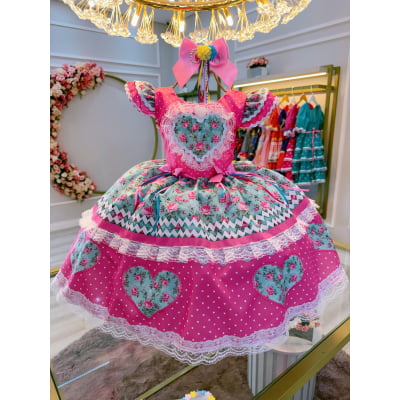 Vestido Infantil Junino Rosa Chiclete Colorido Luxo Festas