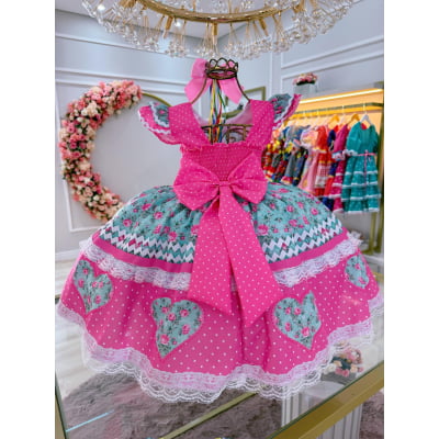Vestido Infantil Junino Rosa Chiclete Colorido Luxo Festas