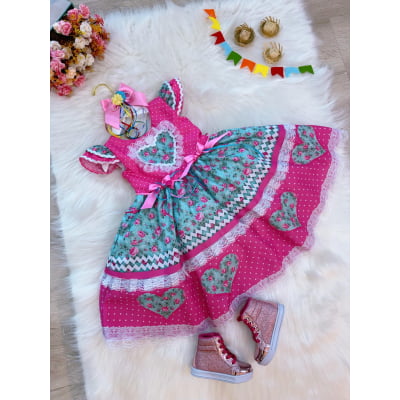 Vestido Infantil Junino Rosa Chiclete Colorido Luxo Festas