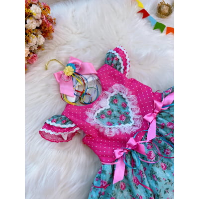 Vestido Infantil Junino Rosa Chiclete Colorido Luxo Festas