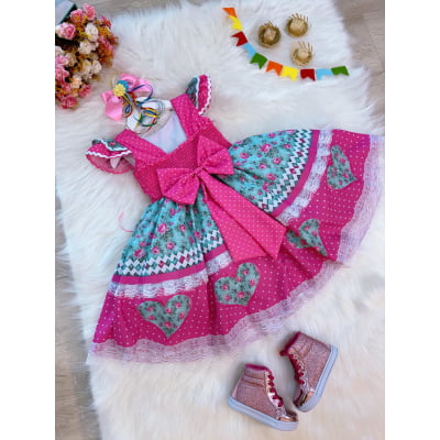 Vestido Infantil Junino Rosa Chiclete Colorido Luxo Festas