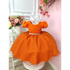 Vestido Infantil Laranja Busto Plissado Com Pérolas Luxo