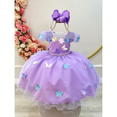Vestido Infantil Lilás C/ Aplique Borboletas e Flores Festas