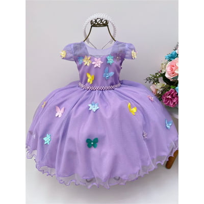 Vestido Infantil Lilás C/ Aplique Borboletas Flores Pérolas